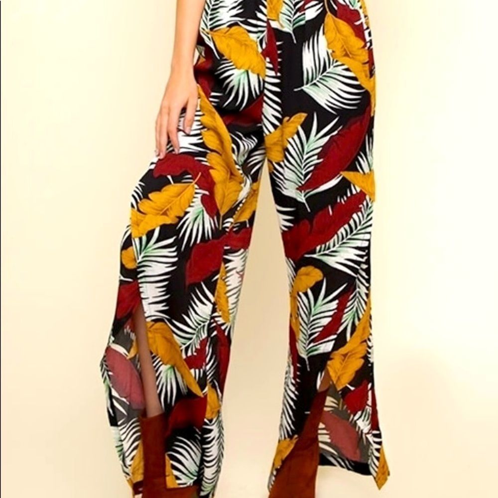 High rise wide leg wrapped tropical pants